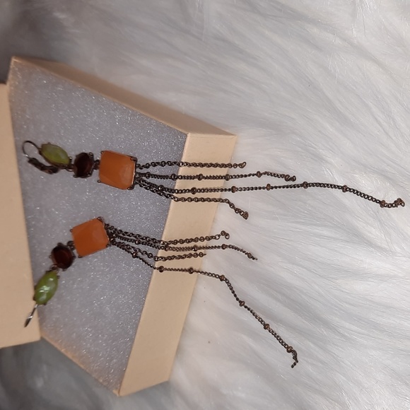 Dangly BOHO chain fringe fashion earrings faux stones - Picture 3 of 8